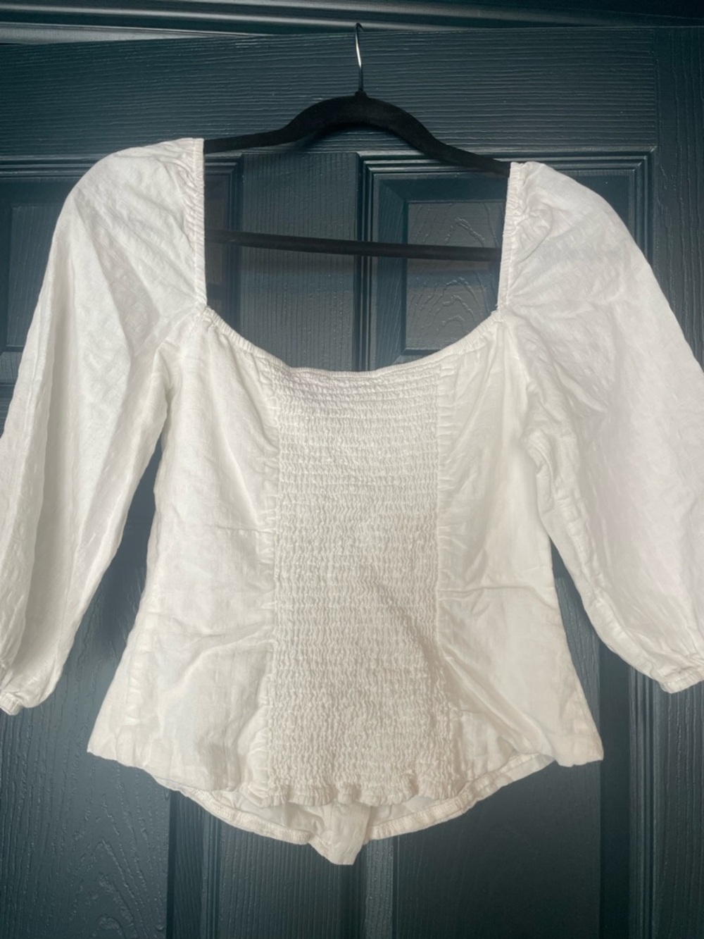 Sage White Smocked Square-Neck Blouse